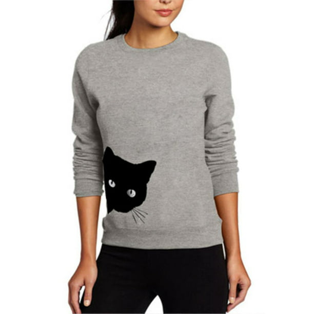Womens Cat Print Sweatshirt Long Sleeve Loose Pullover Shirt Cat Sweaters for Women